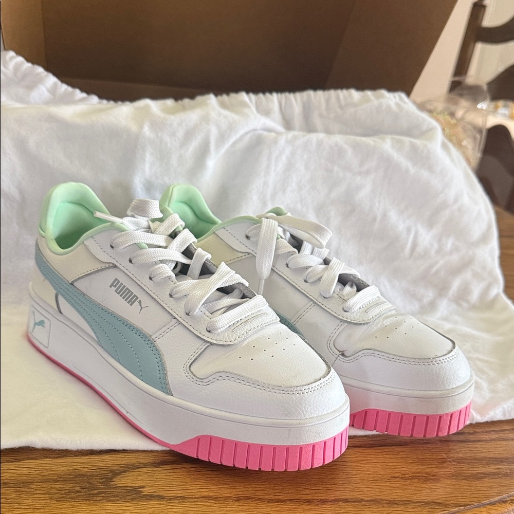Puma Women's White Low-Top Sneakers with Pastel Blue & Pink Accents Size 8